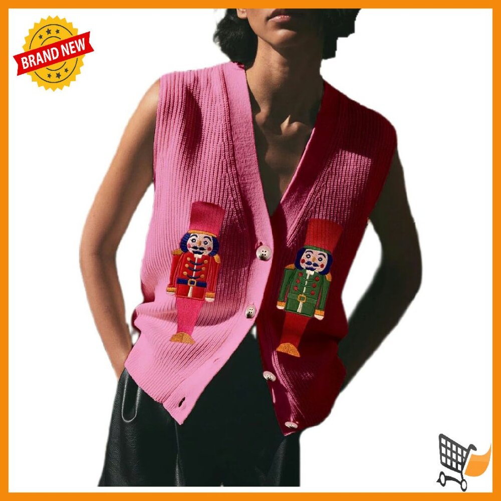 Sequin Holiday Sweater Vest Embroidered Beaded Button Front Crochet